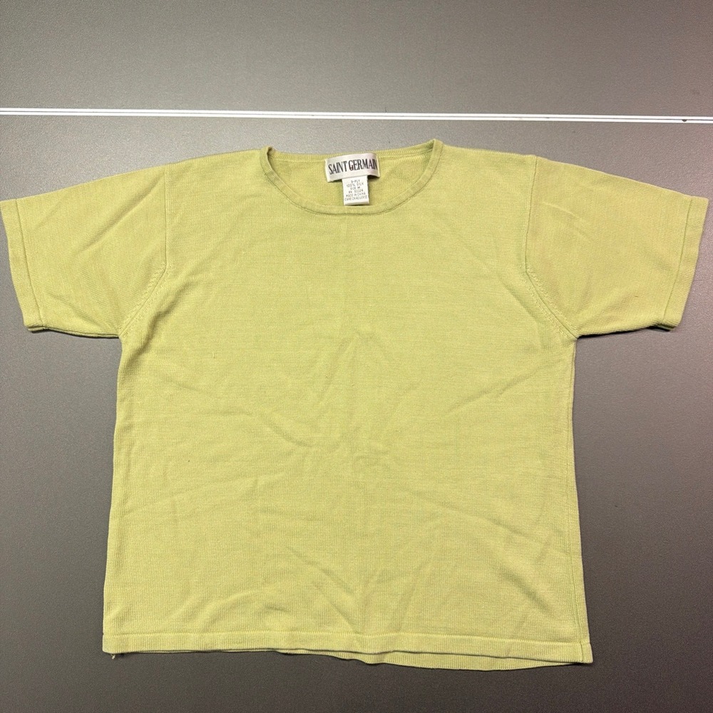 Saint Germain 100% Silk 3-Ply Knit Short Sleeve Top Women's M Lime Green